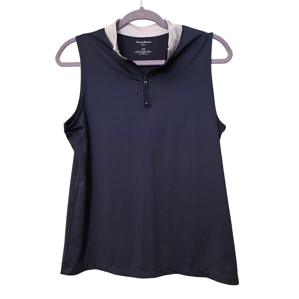 Tommy Bahama‎ Golf Womens Sleeveless Quarter Zip Polo Shirt Navy Blue Large